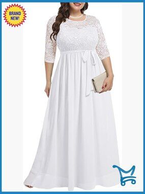 Plus Lace Chiffon Maxi Evening Dress 3/4 Sleeve Wedding Guest Maternity Nursing